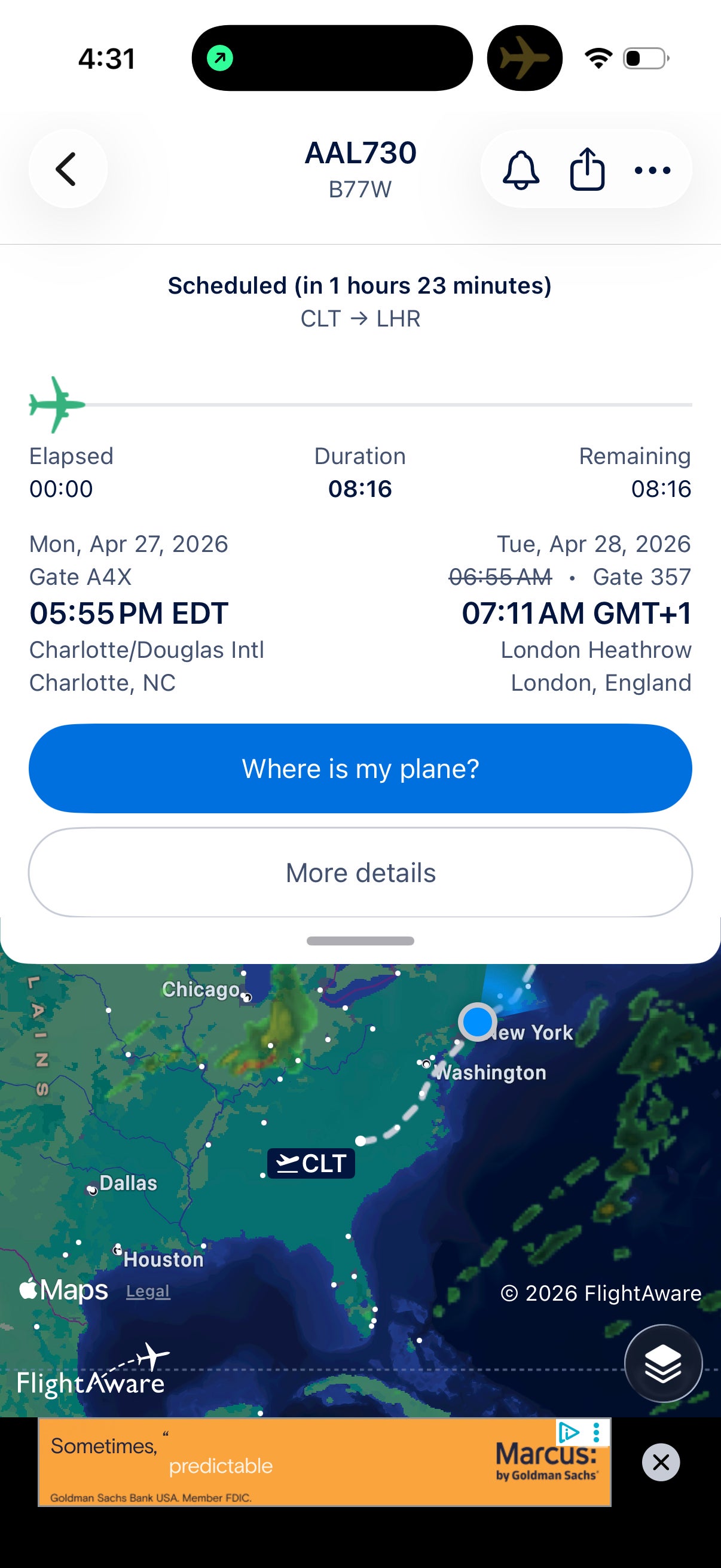 FlightAware information on a flight from Charlotte to London.