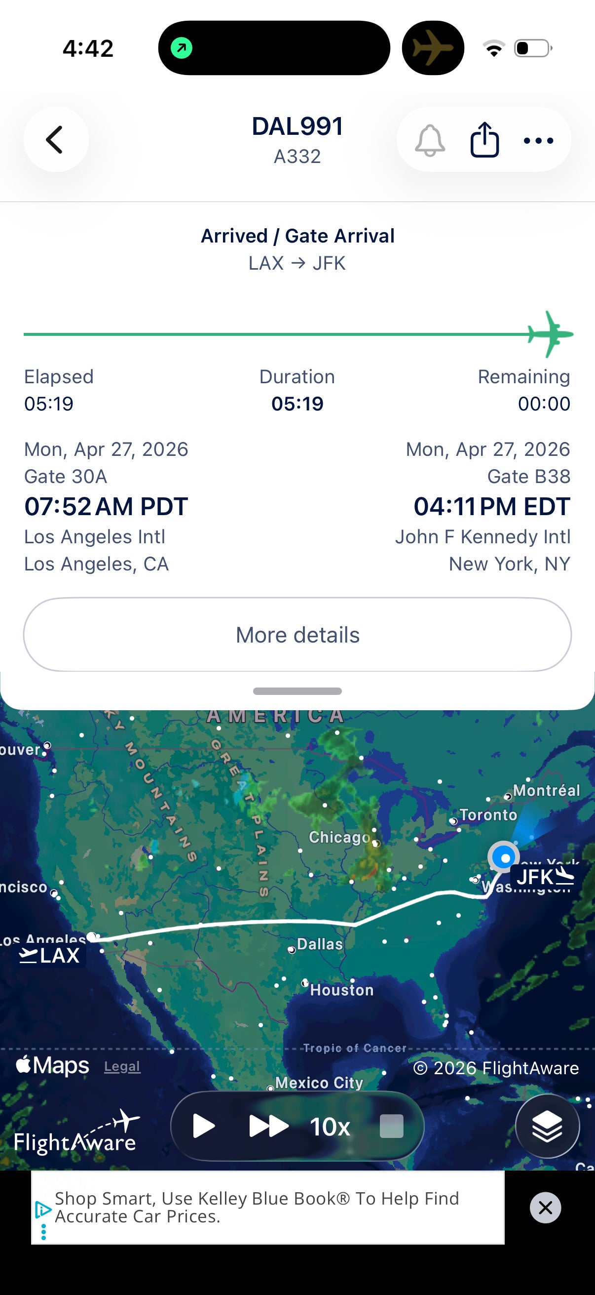 FlightAware information on a flight from Los Angeles to New York.