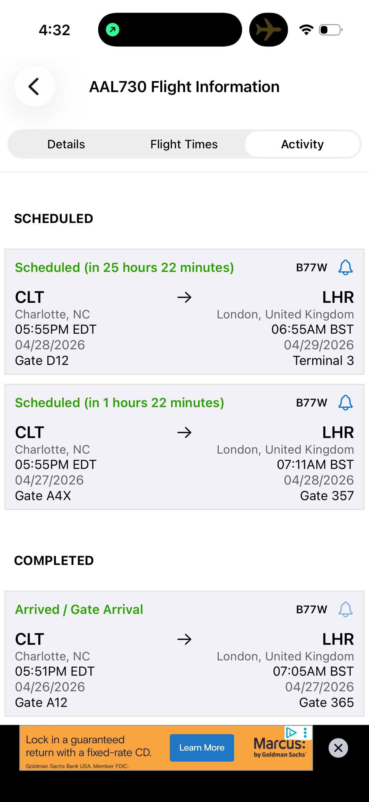 FlightAware information on a flight to London.