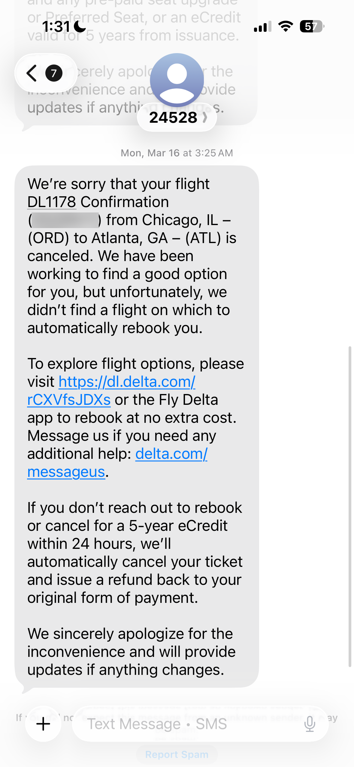 Text message from Delta Air Lines