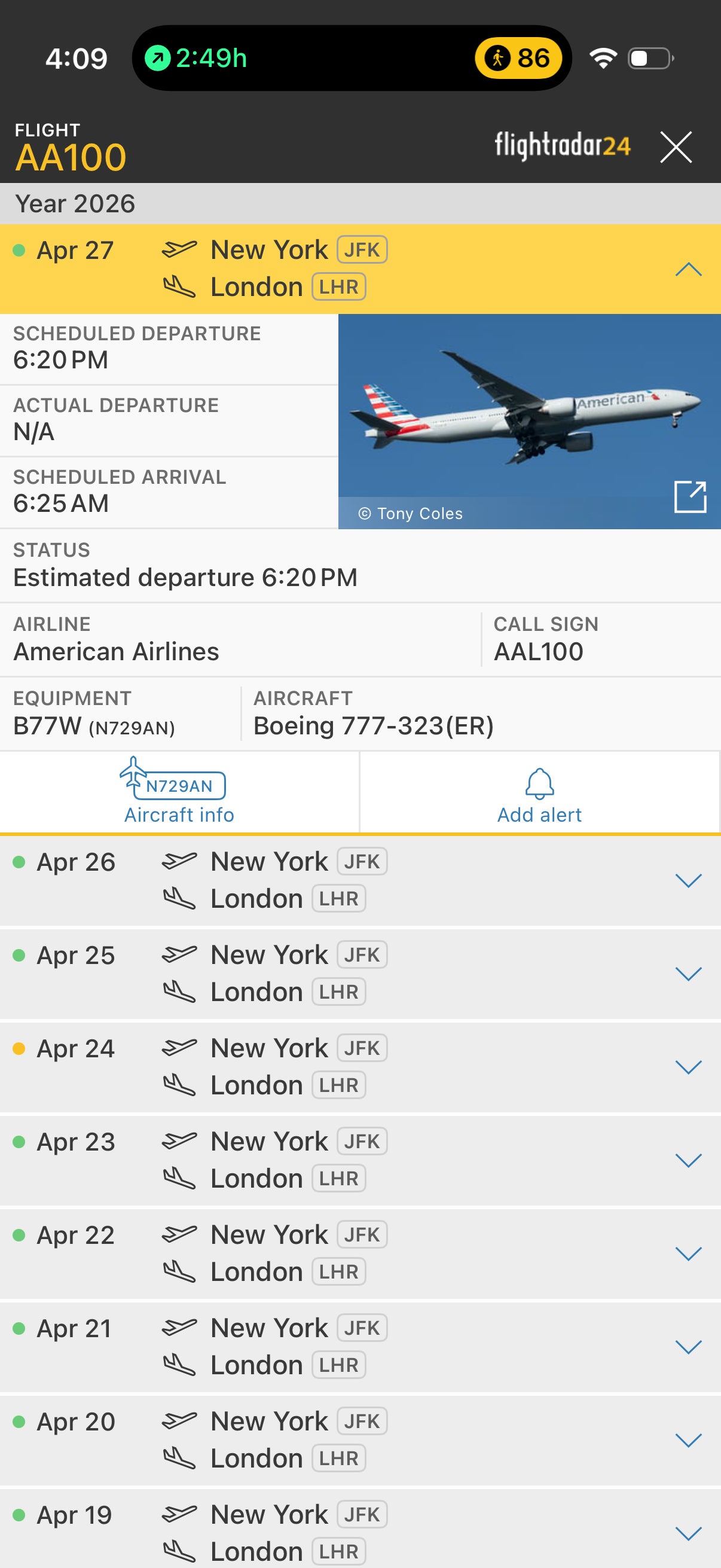 FlightRadar24 flight history for specific aircraft.