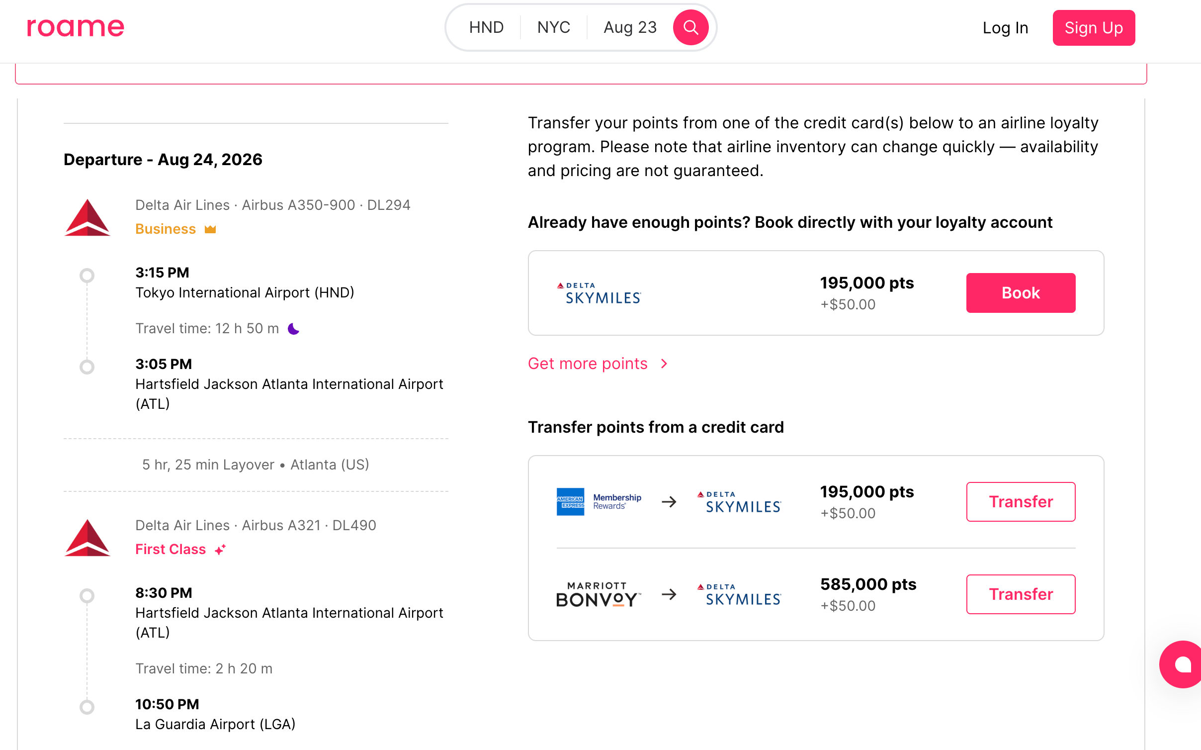 Roame.travel search page. ROAME.TRAVEL