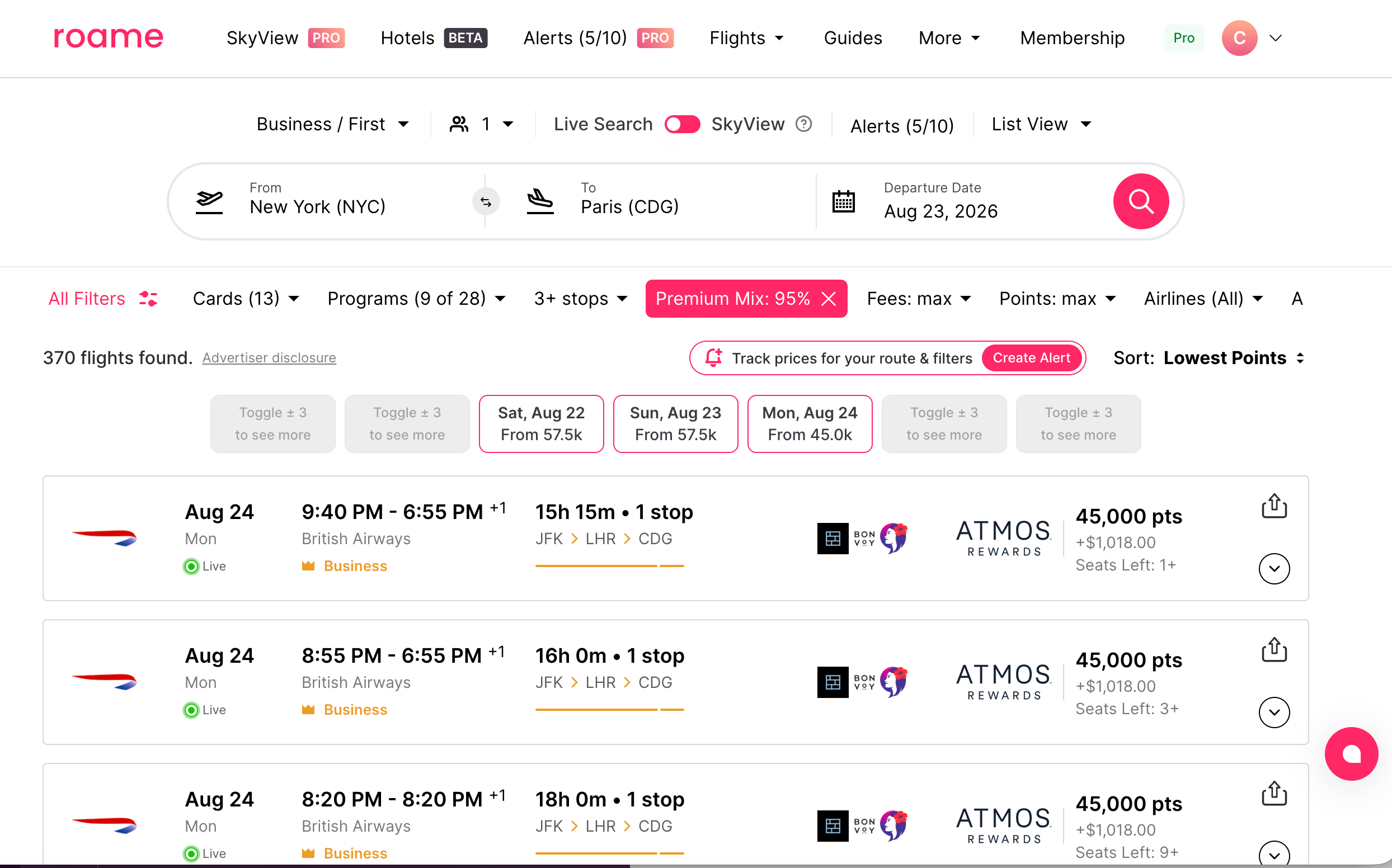 Roame.travel search results for New York to Paris this summer.