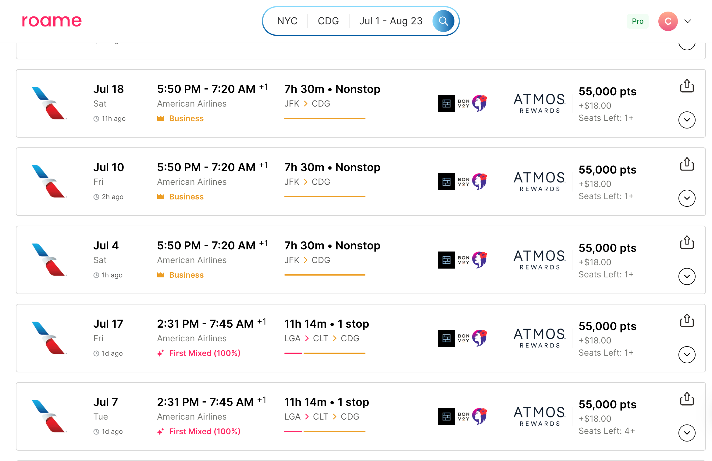 Skyview search results for trips to Paris. ROAME.TRAVEL