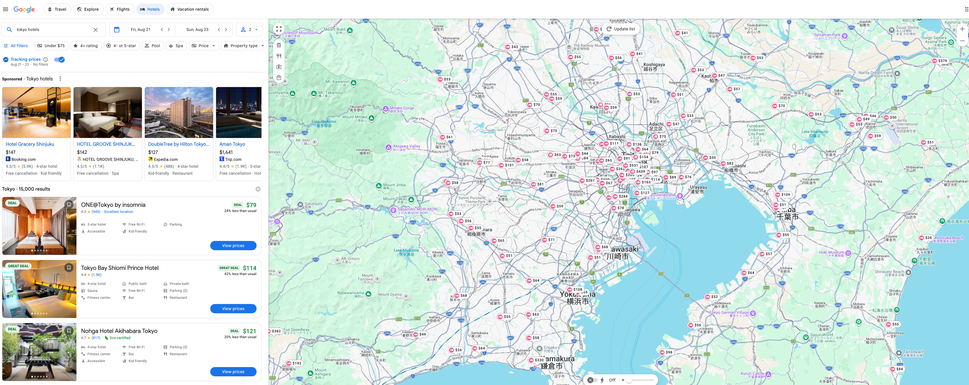 Search for summer prices for hotels in Tokyo.