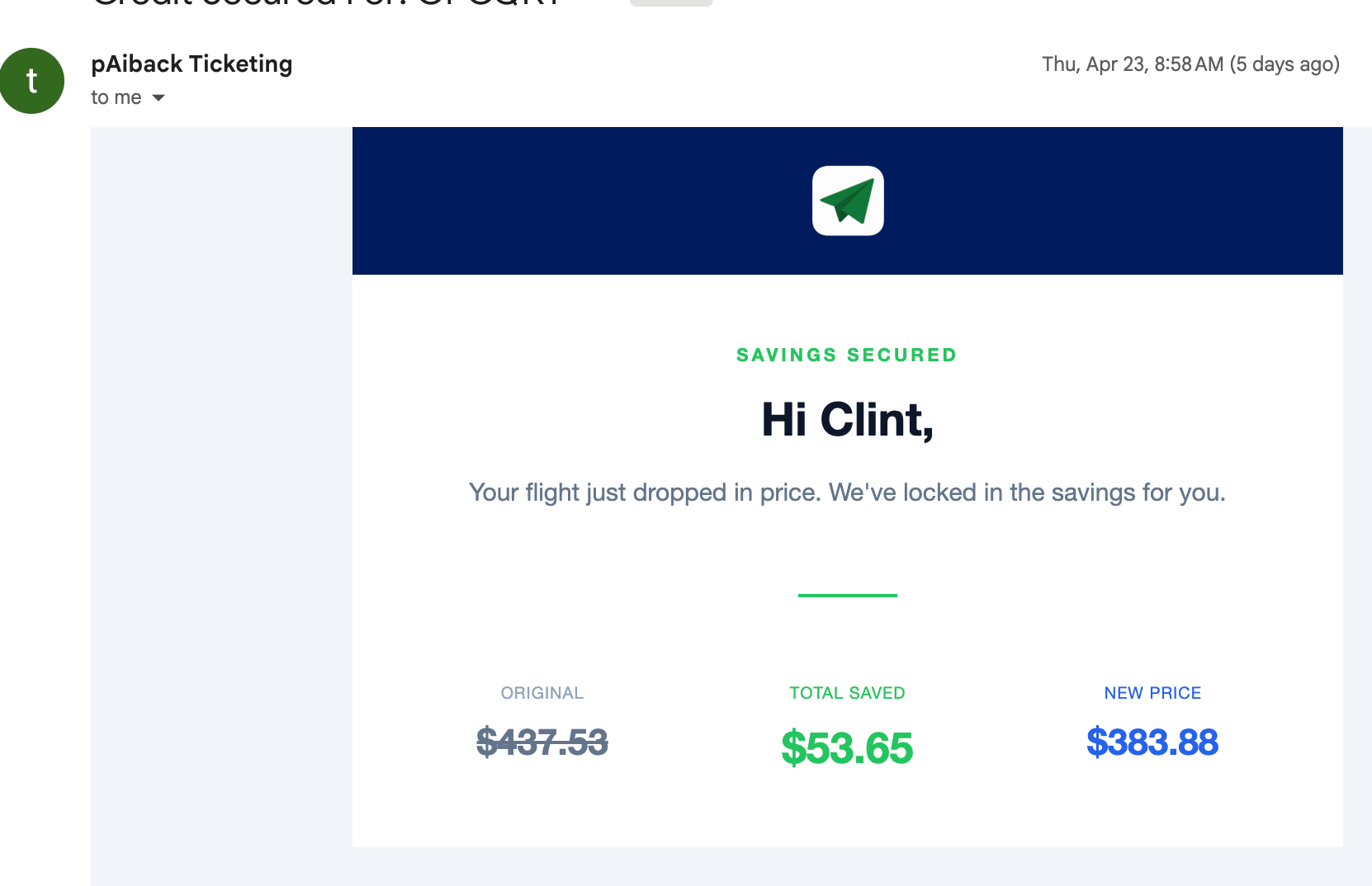 Trip credit for a Delta flight I got from pAIback. 