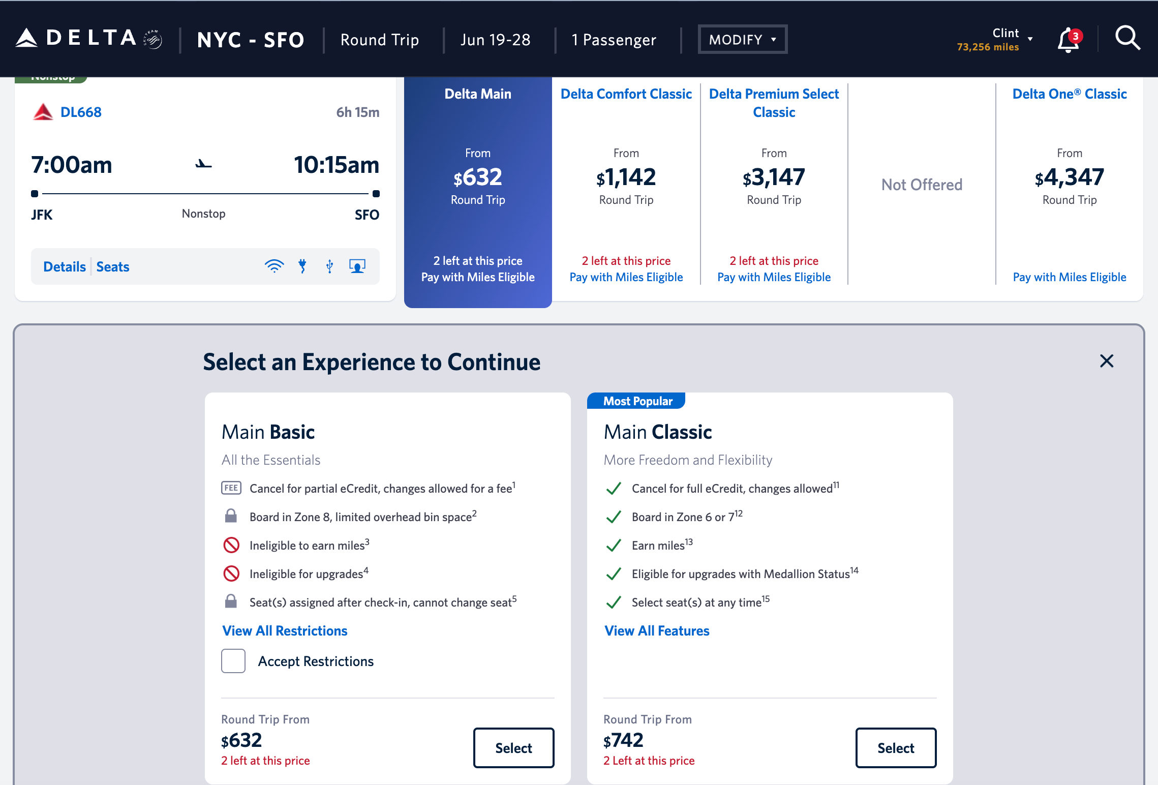 Display of various fare choices for a trip from New York to San Francisco.