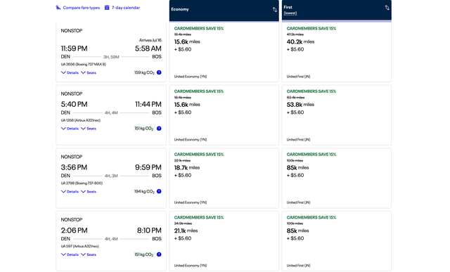 screenshot of United award pricing