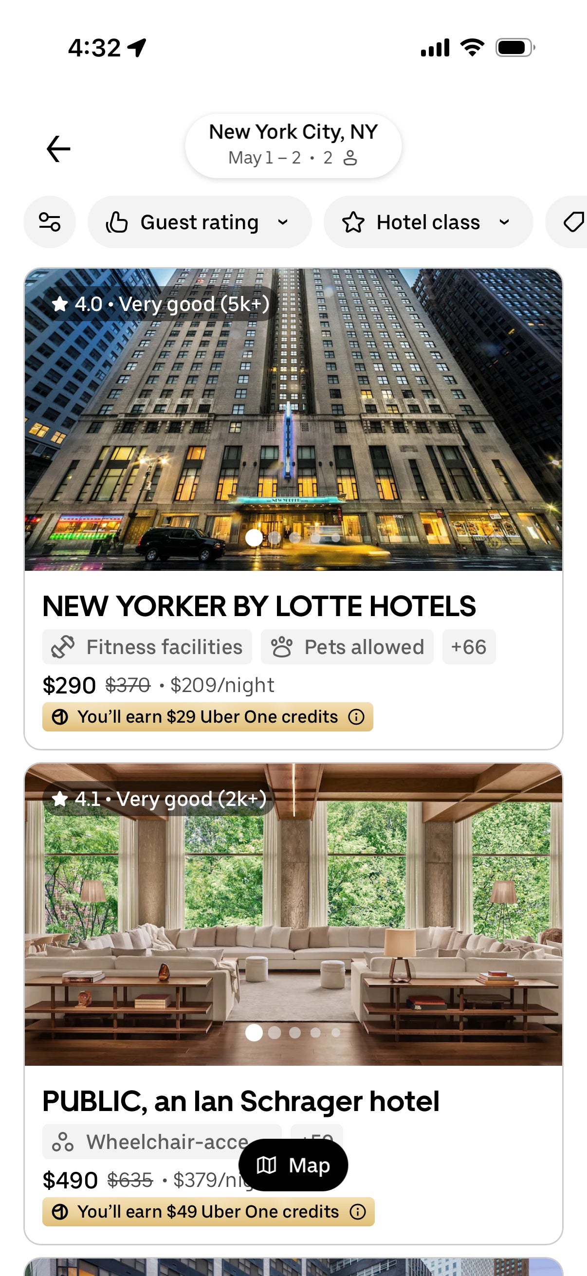 Uber Hotels listing for New York City. UBER