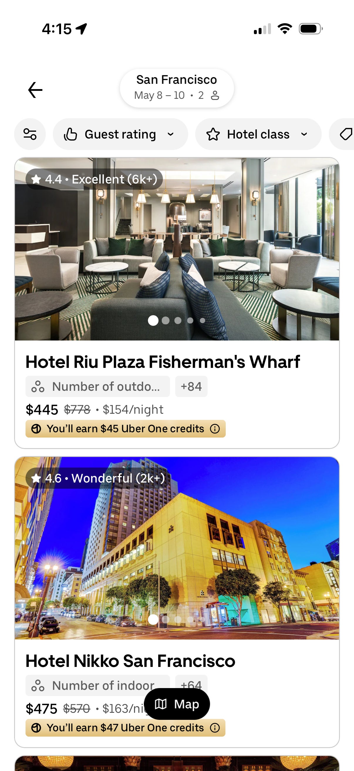 Uber Hotels search results for San Franciso. UBER