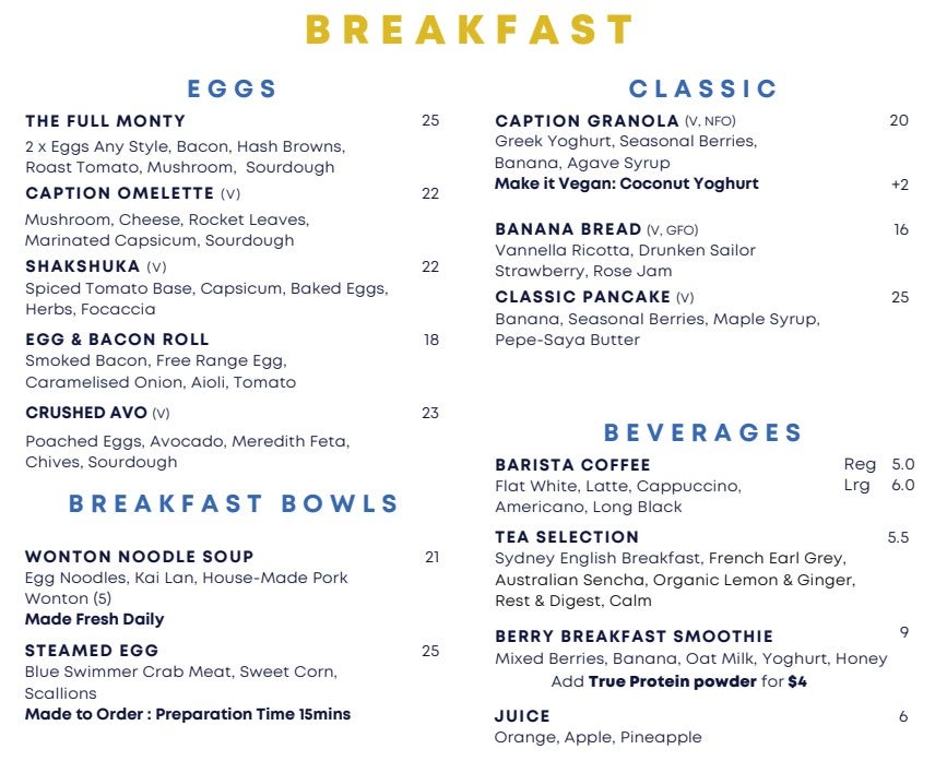 Breakfast menu at the Caption by Hyatt Central Sydney