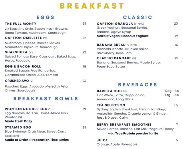 Breakfast menu at the Caption by Hyatt Central Sydney