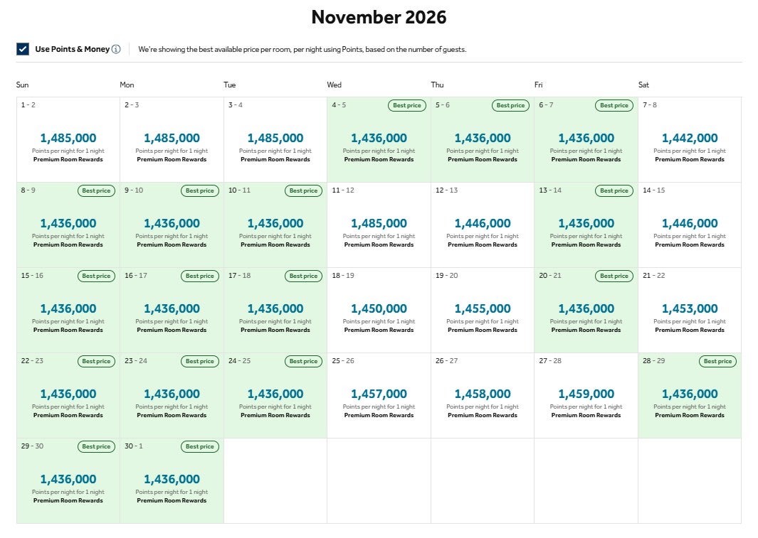Hilton award pricing calendar for the Waldorf Astoria Maldives