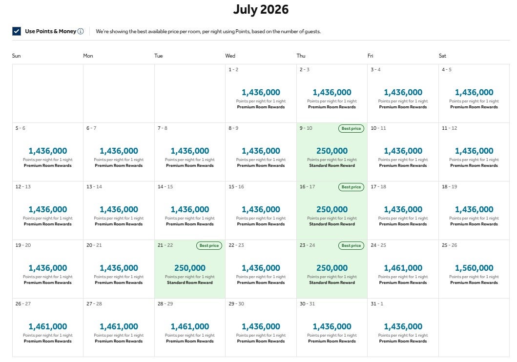 Hilton award pricing calendar for the Waldorf Astoria Maldives