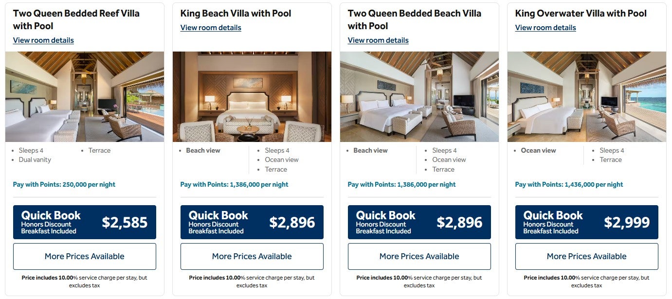 Waldorf Astoria Maldives room types bookable with points