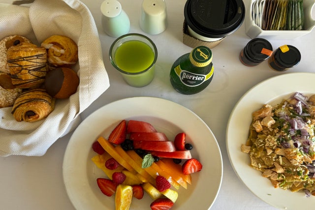 In-room dining at the Westin Playa Vallarta with fresh fruit, pastry basket, drinks and entree