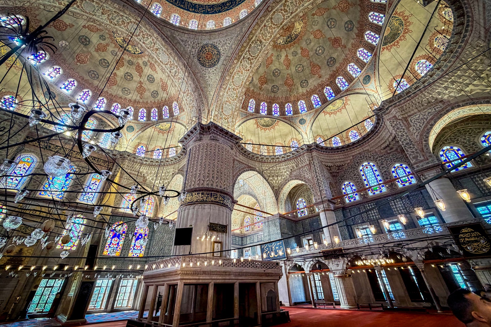 The soaring interior of the Blue Mosque.