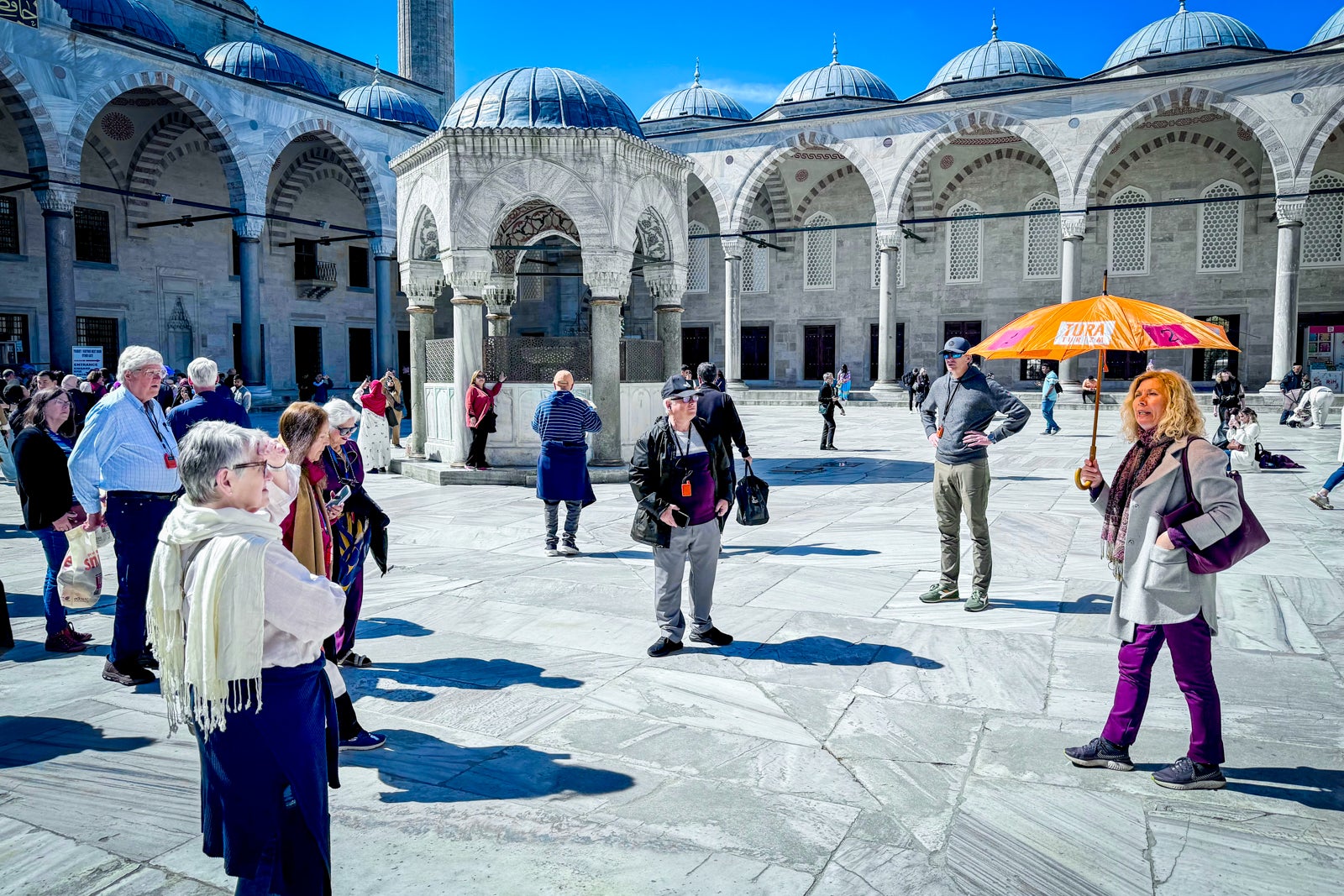 A guide explains the Blue Mosque to Viking passengers during a tour.