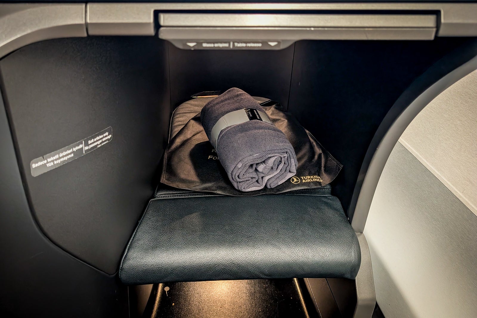 Foot well and under seat storage at a Turkish Airlines A350-900 business class seat