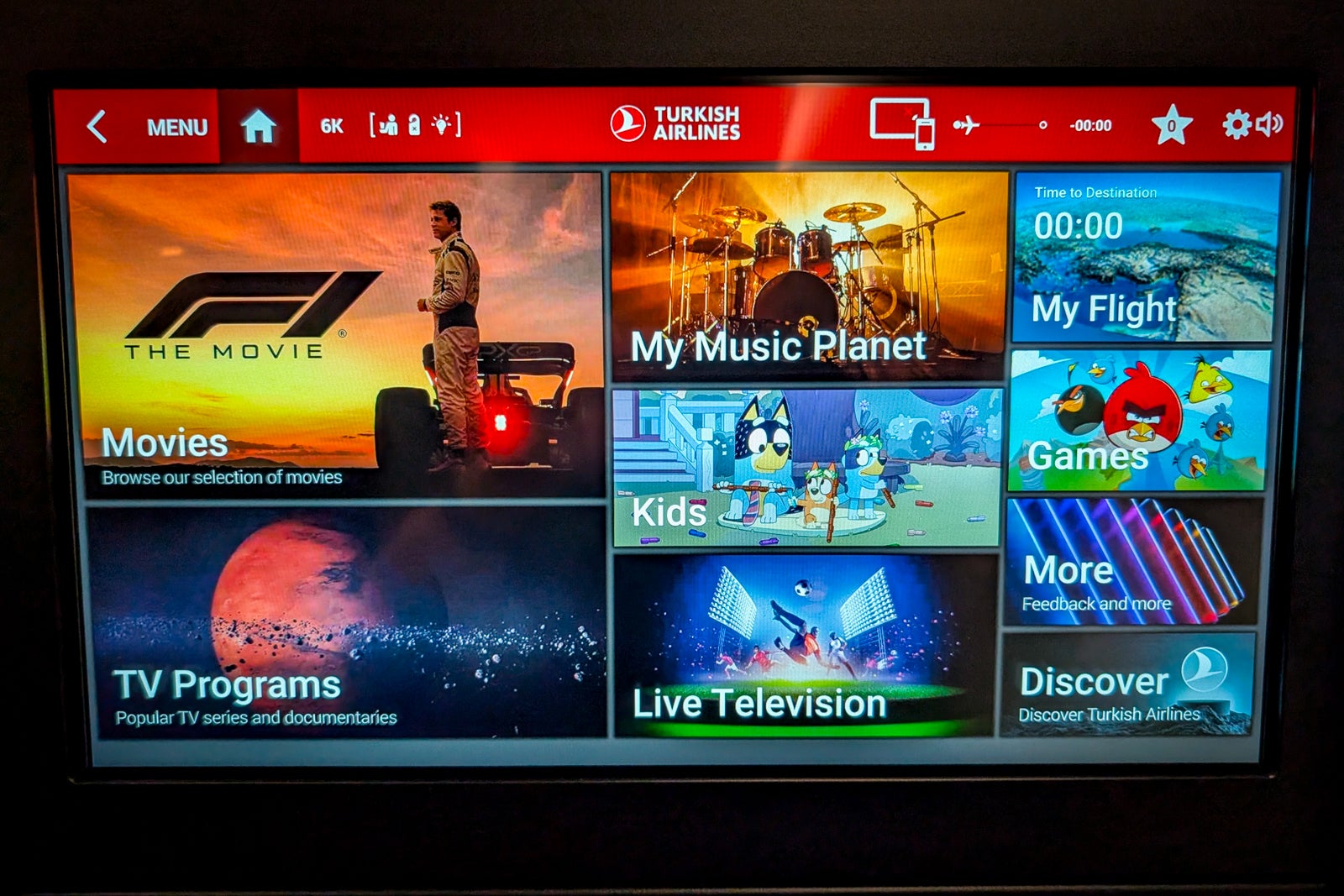 IFE screen at a Turkish Airlines A350-900 business class seat