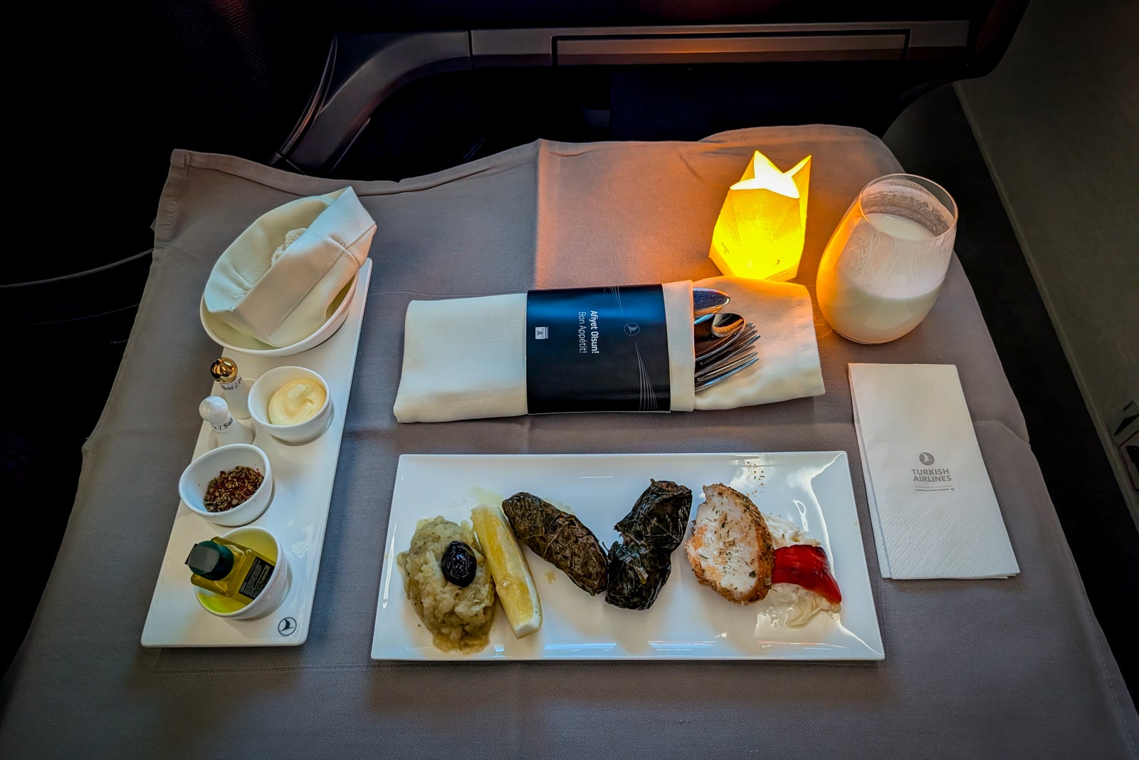 Departure meal appetizer on a long-haul Turkish Airlines business class flight