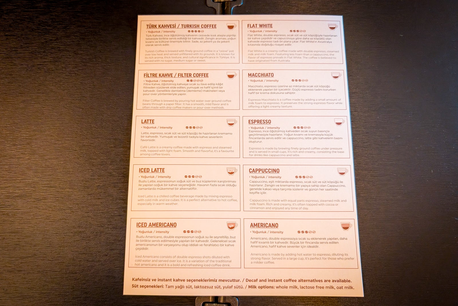 Turkish Airlines business class coffee menu