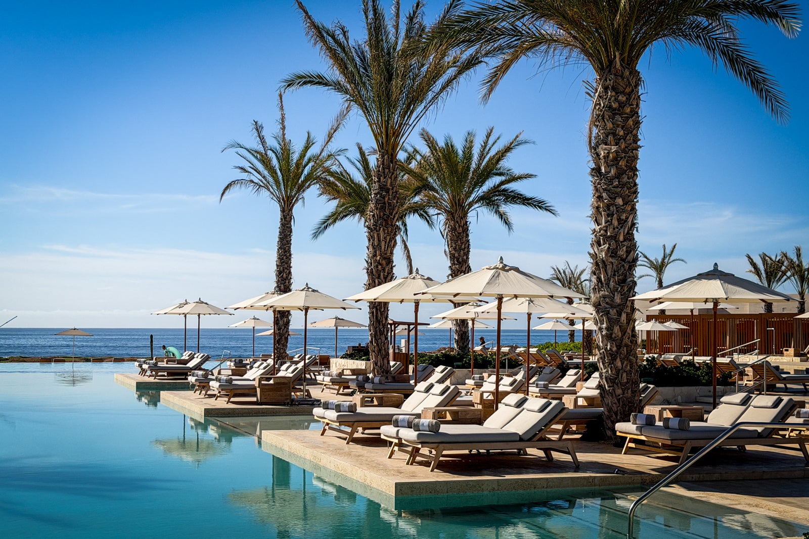 pool and reclining chairs with palm trees and blue skies