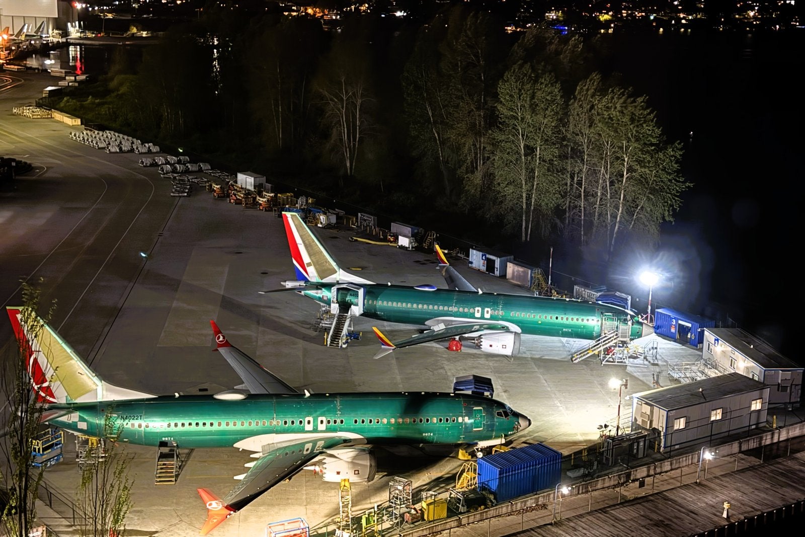 Boeing factory view at night