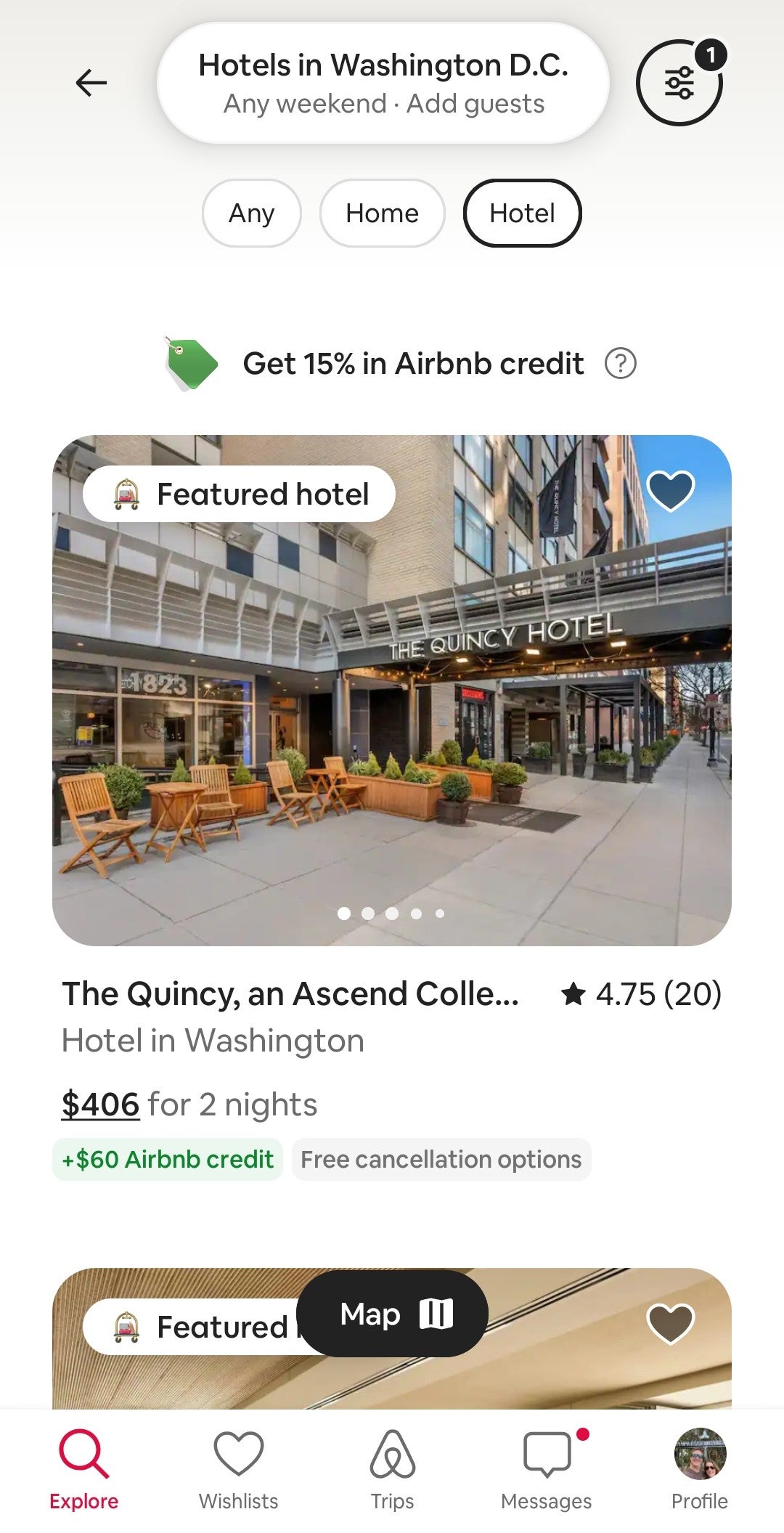 Airbnb featured hotel in Washington DC with 15% credit offer