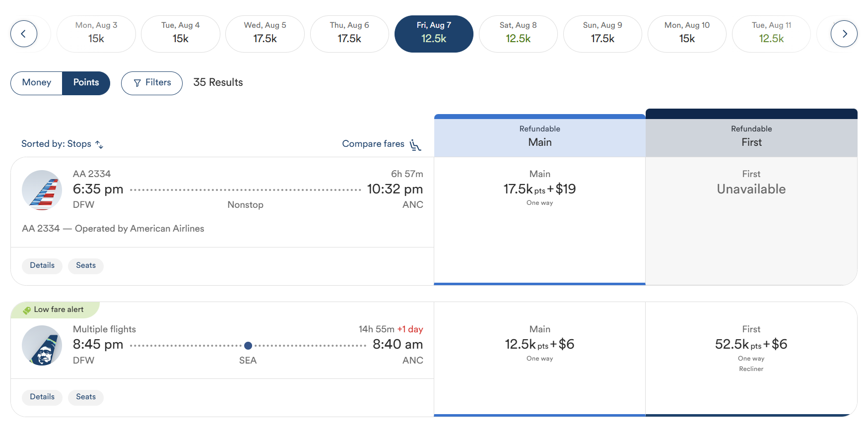 Alaska DFW-ANC points options 8-7