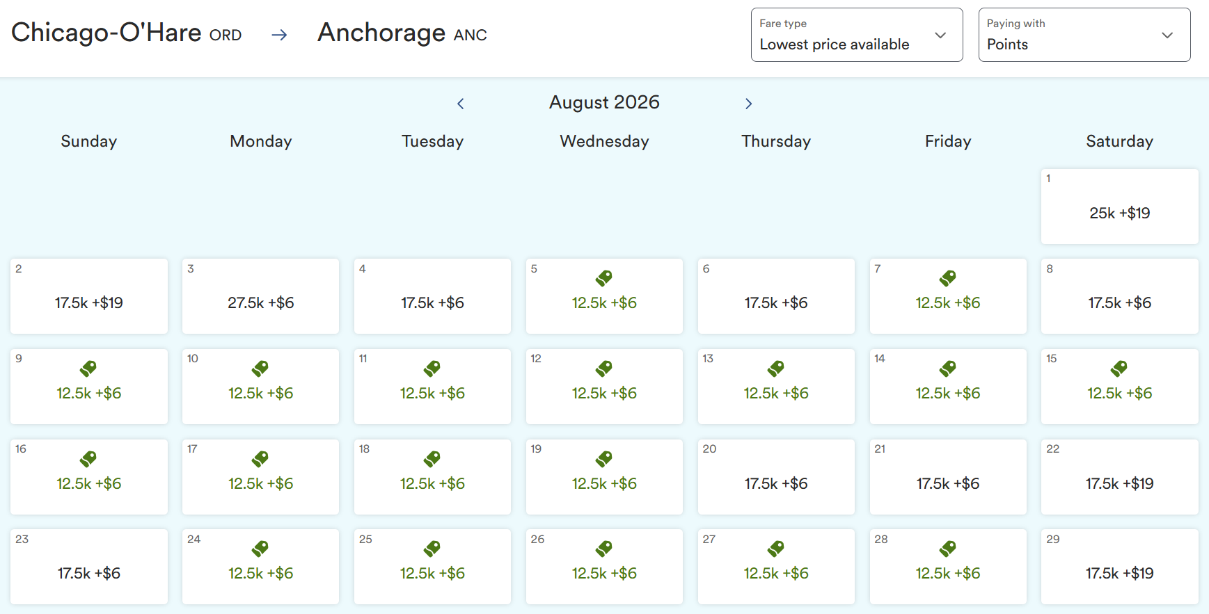 Alaska ORD-AND points calendar Aug 2026