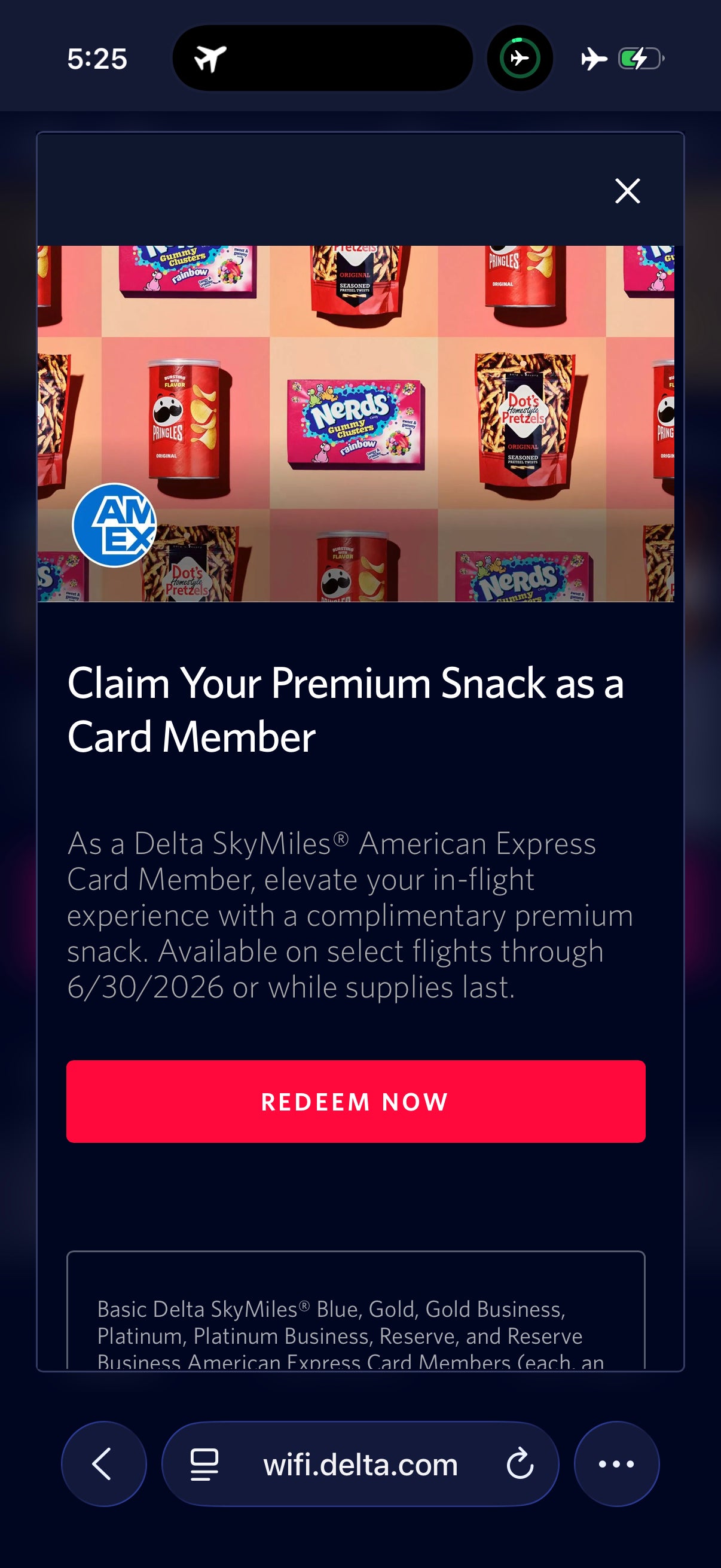 Delta onboard snack offer redeem now button.