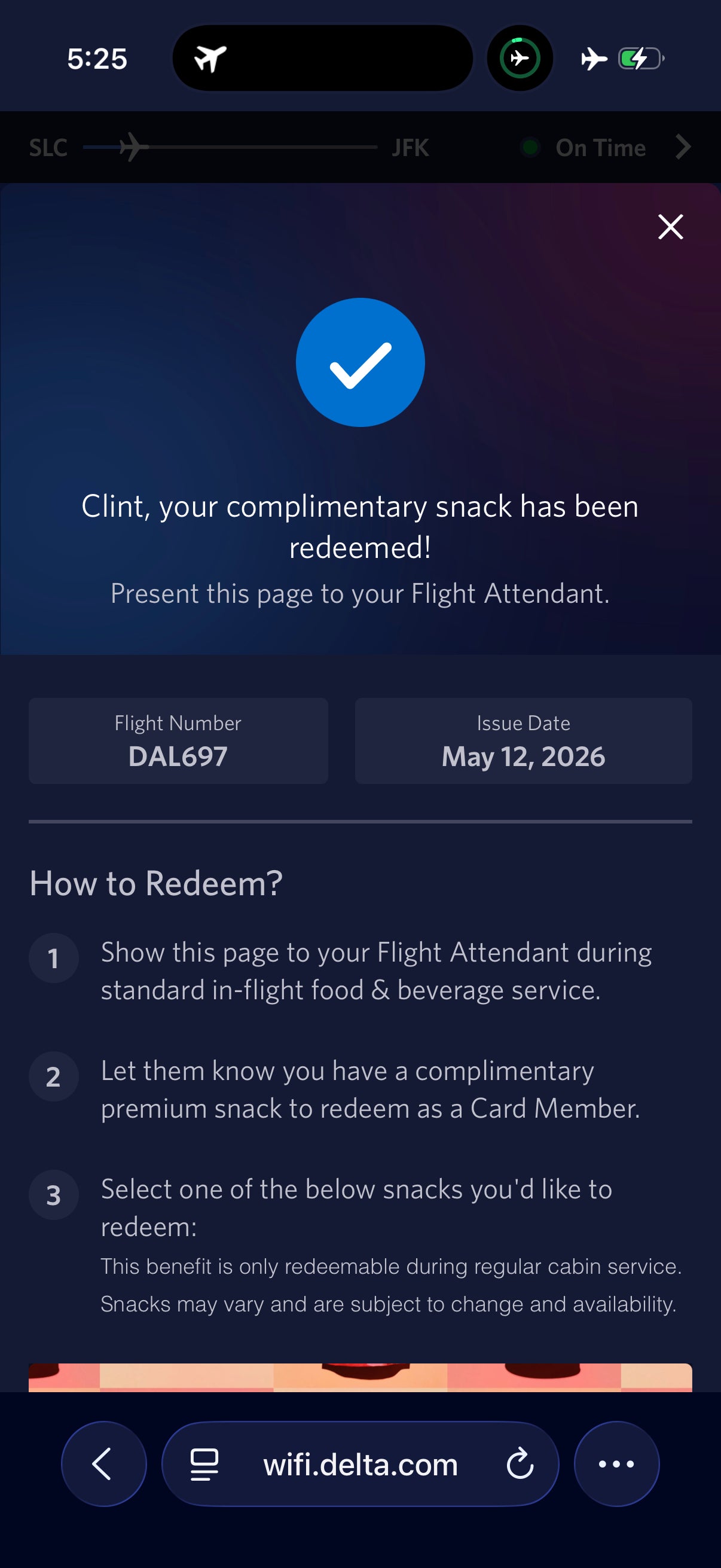 Delta onboard snack offer redemption.