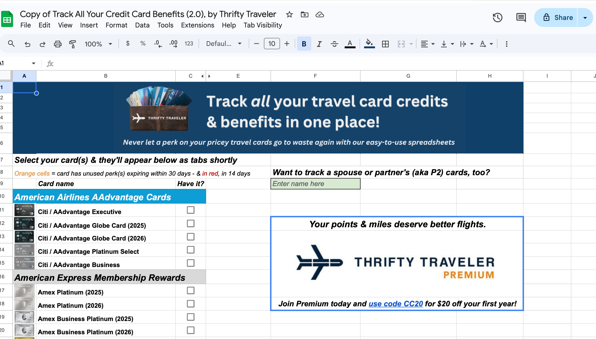 Thrifty Traveler credit card tracking page.