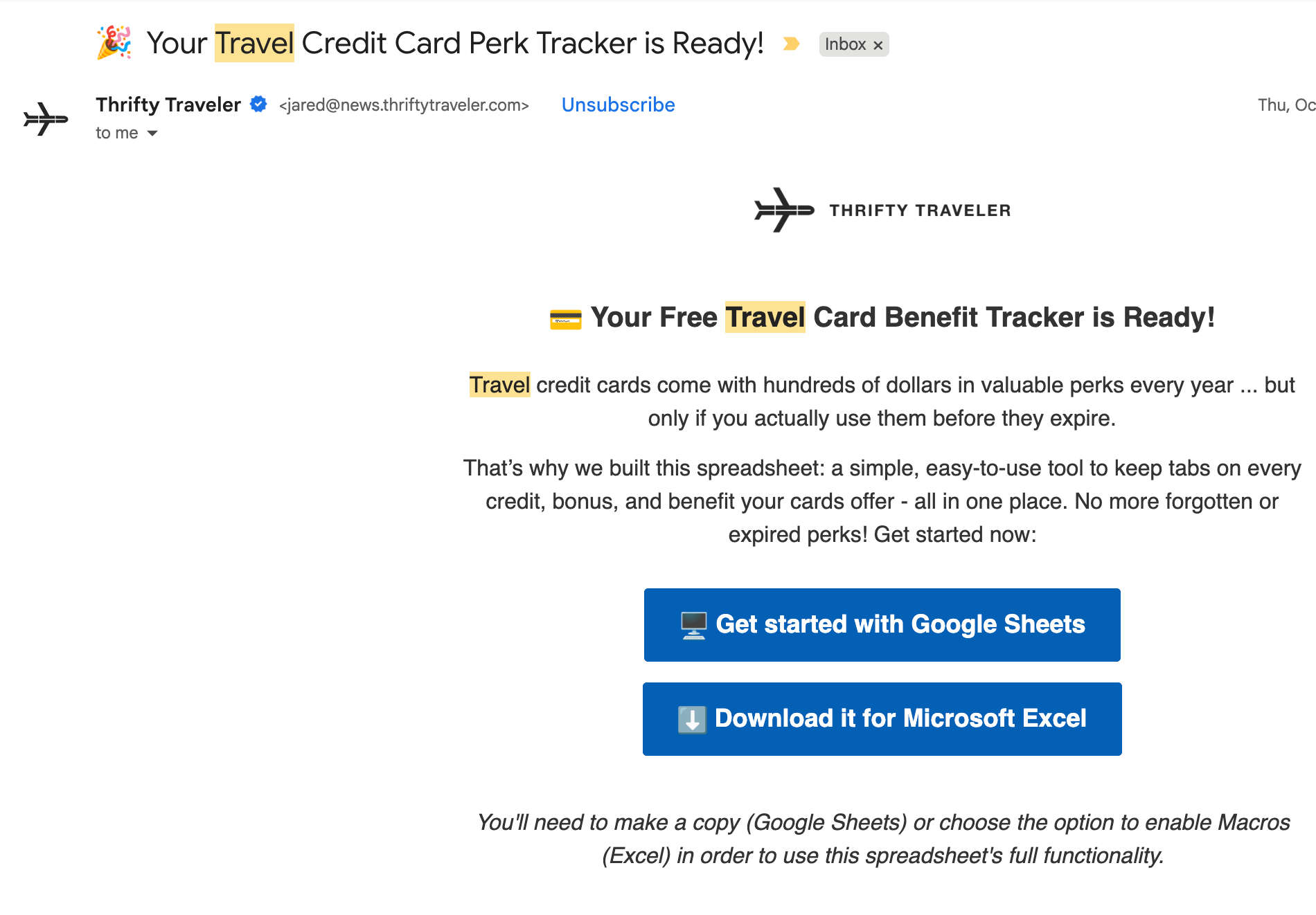 Email from Thrifty Traveler with credit card tracking link.