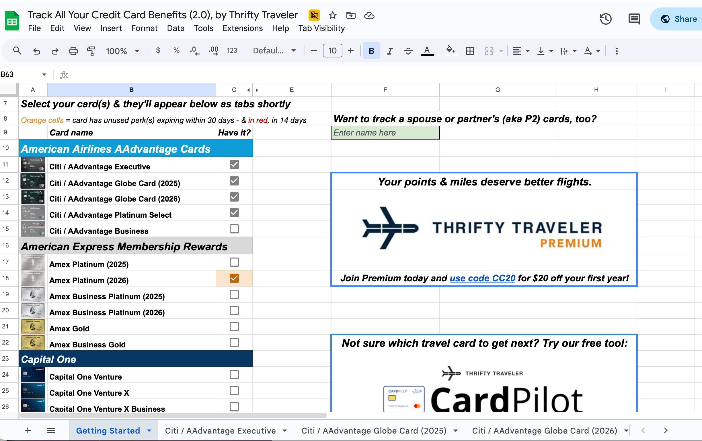 Thrifty Traveler credit card tracker. 
