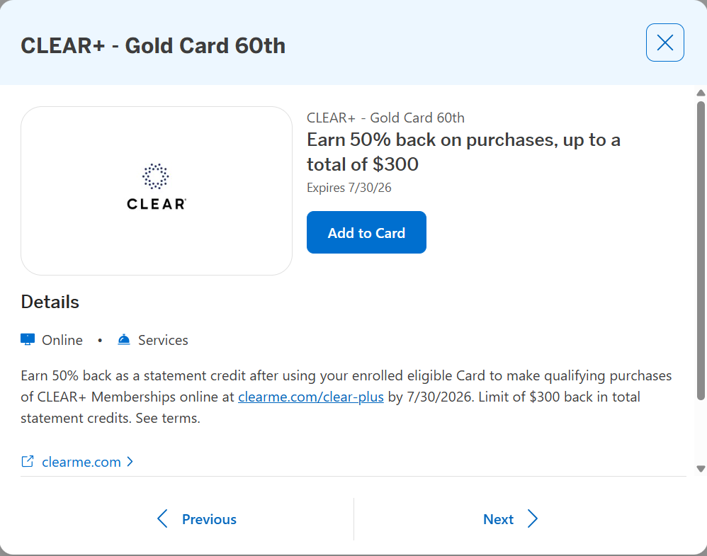 Screenshot showing a Clear+ offer for the Amex Gold.