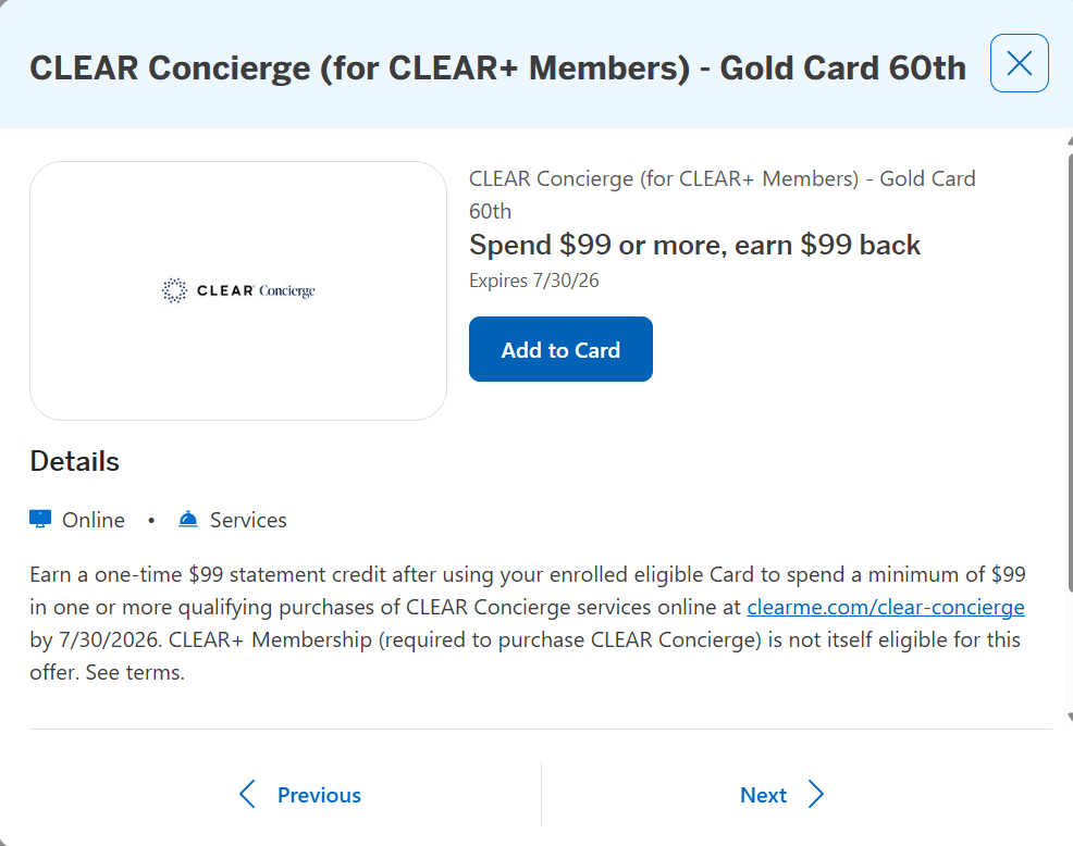 Clear Concierge offer on the Amex Gold