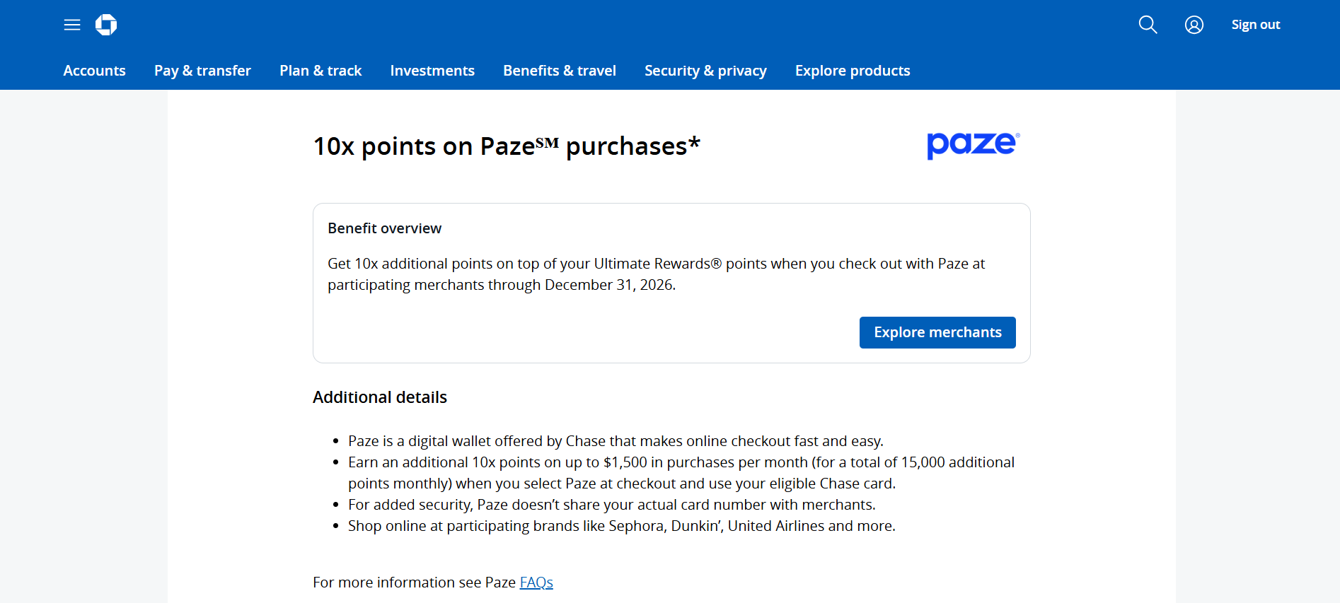 Screenshot showing the new Paze benefit.