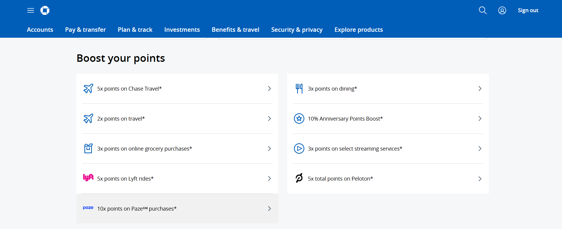 Screenshot showing bonus categories on the CSP.