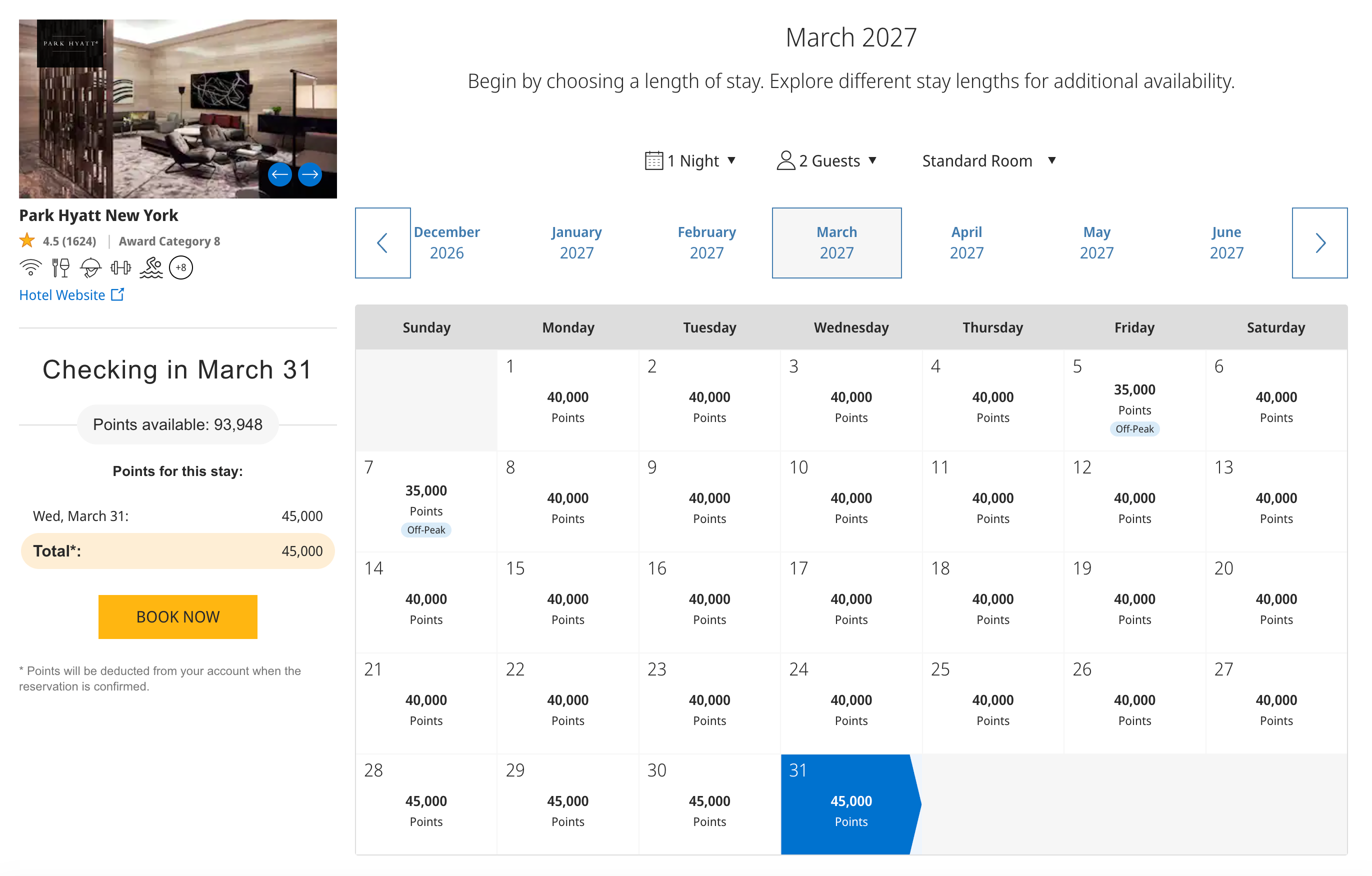 The points calendar at the Park Hyatt New York for March 2027 before Hyatt's new award charts went live.