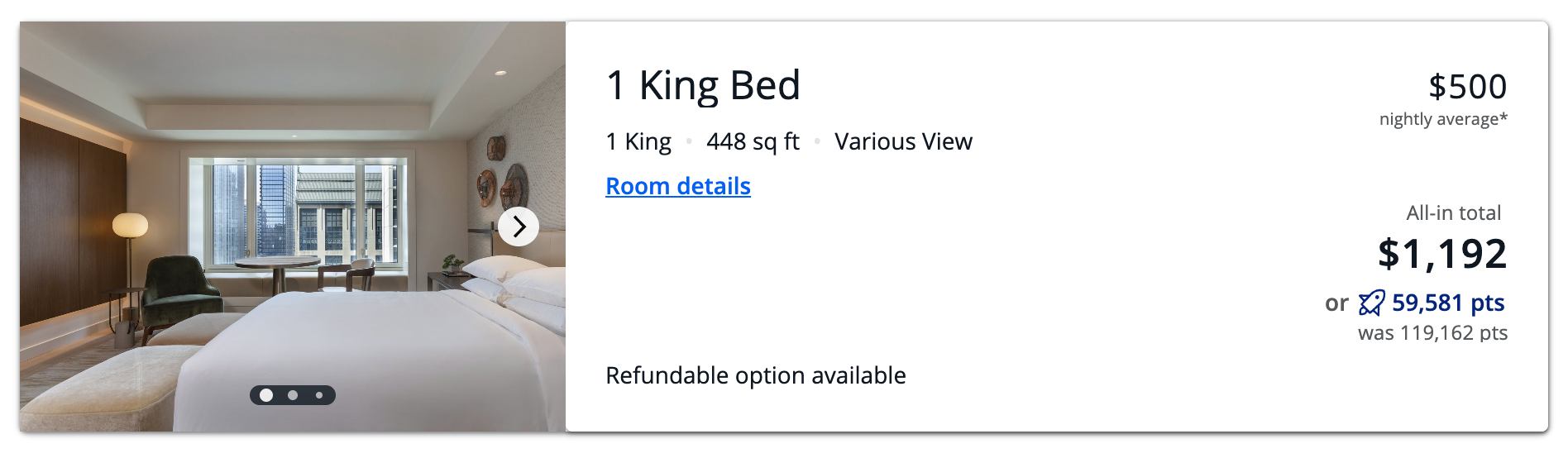 A screen shot of one king bed room at the Park Hyatt Chicago booked via Chase Travel