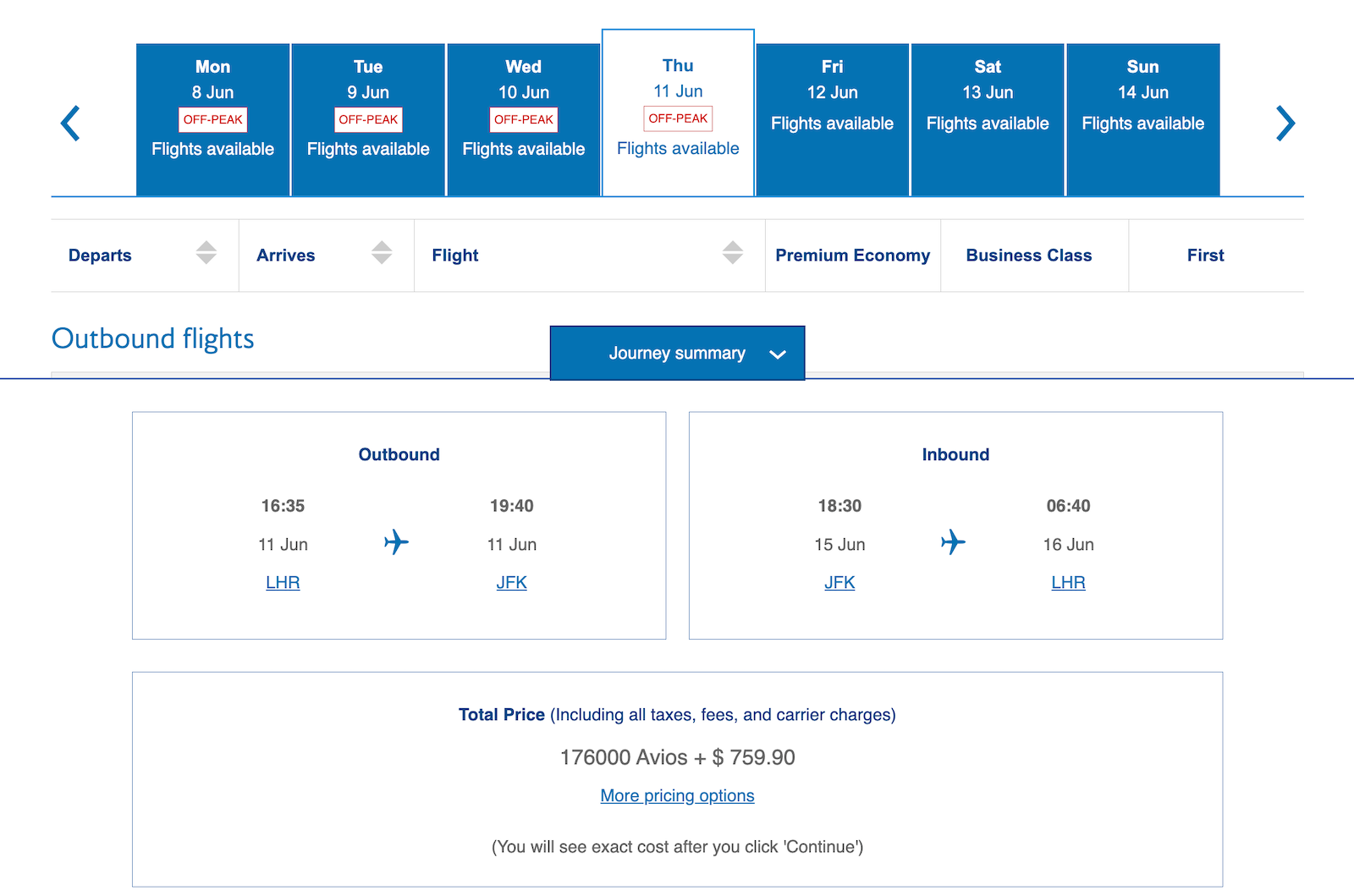 British Airways business class award ticket taxes and fees.