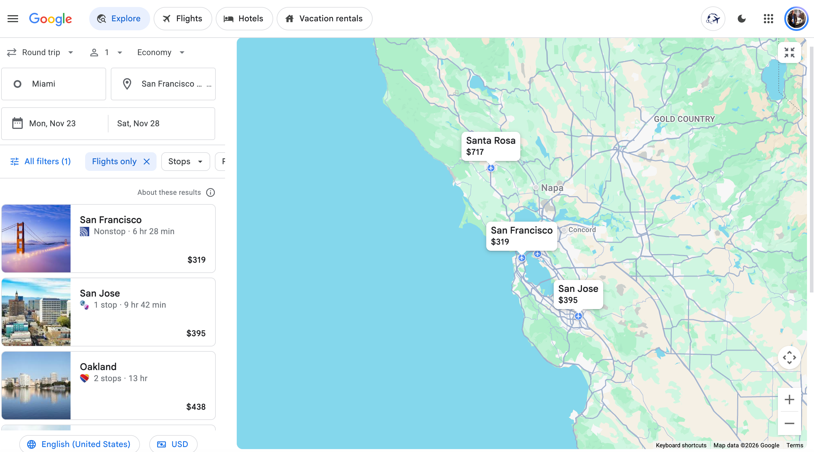 Search for flights from Miami to San Francisco during Thanksgiving week. GOOGLE FLIGHTS