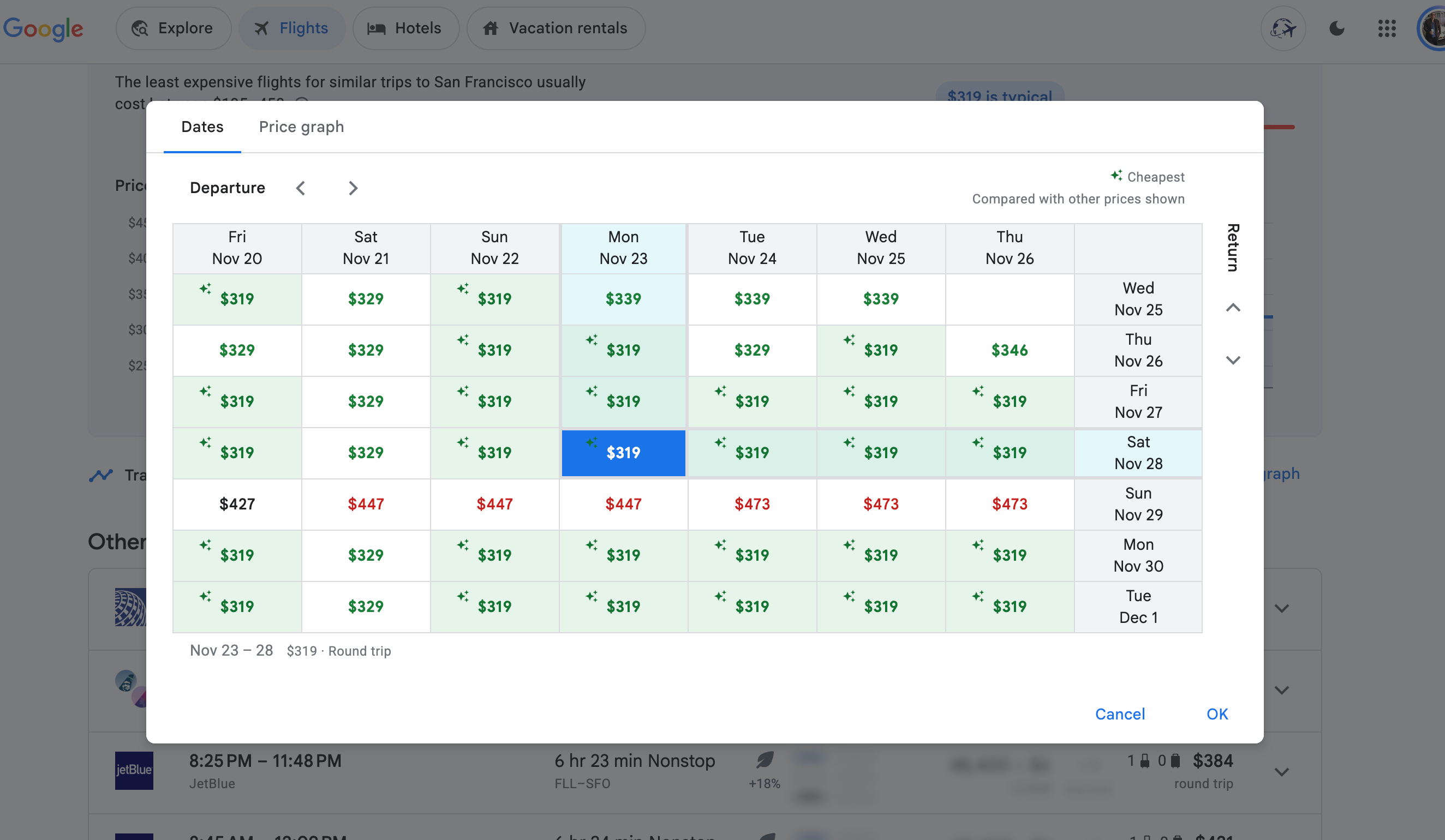 Search for flights from Miami to the Bay Area for Thanksgiving in a date grid.
