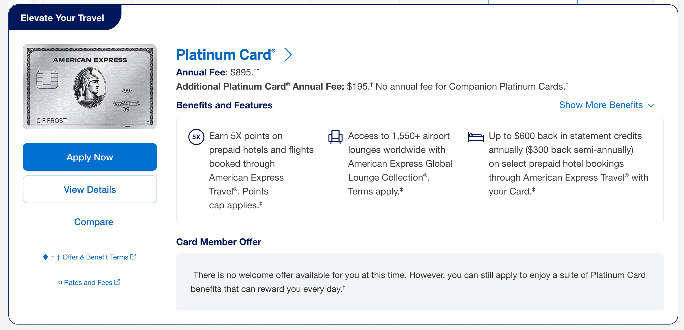 Message from Amex stating that no welcome offer is available at the time.