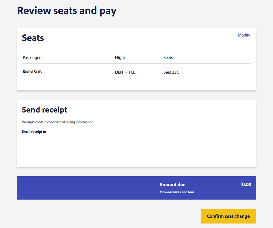 Southwest confirm seat upgrade $0