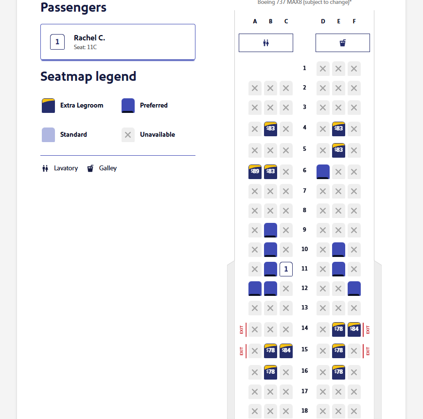 Southwest seat map with extra-legroom for a fee