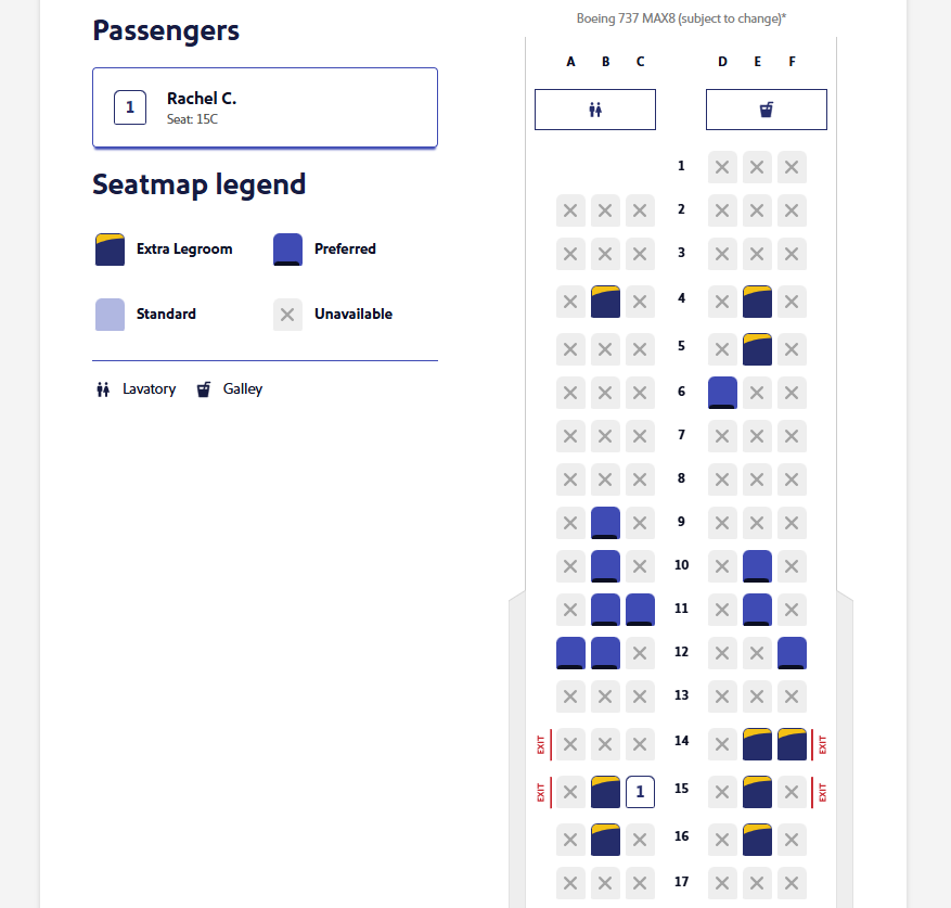 Southwest seat map with free extra-legroom