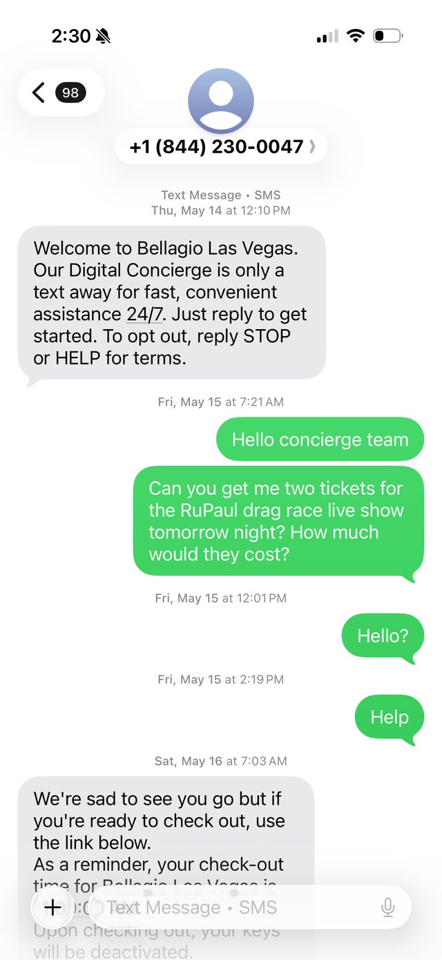 Text thread from hotel.